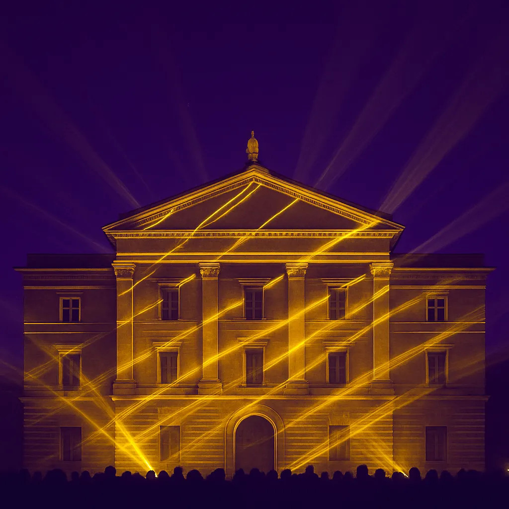 A classical building illuminated by golden projection light against a deep purple night sky